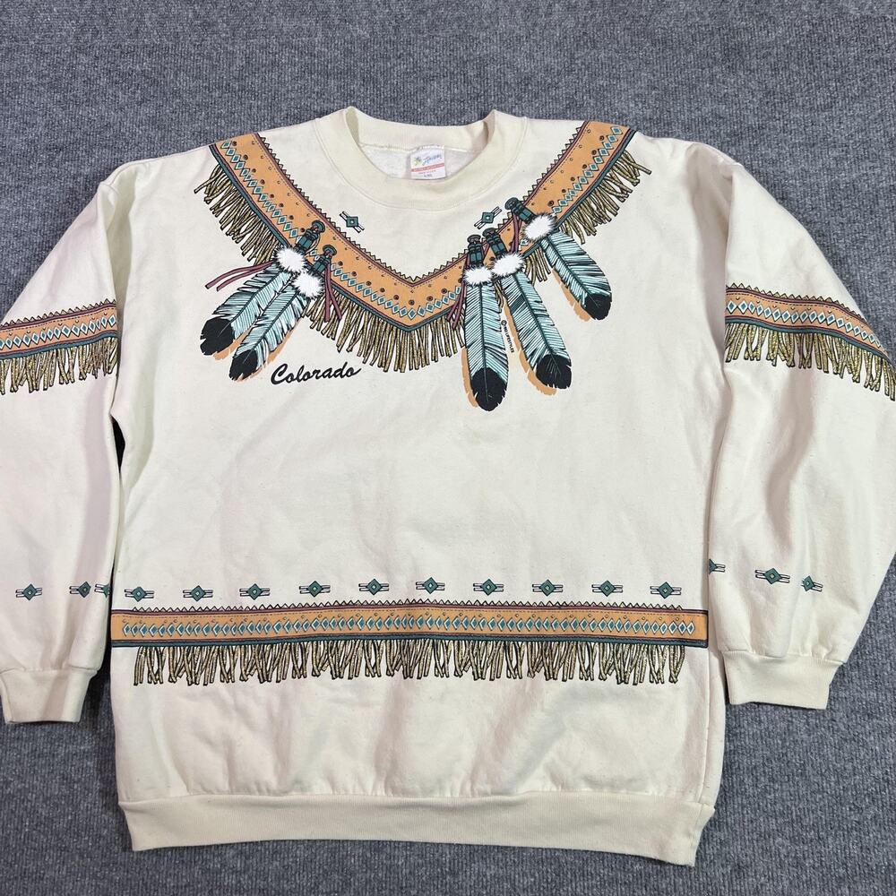 Vintage Lifestyles Sweatshirt Adult L/XL White Colorado Western Feather 1993 USA
